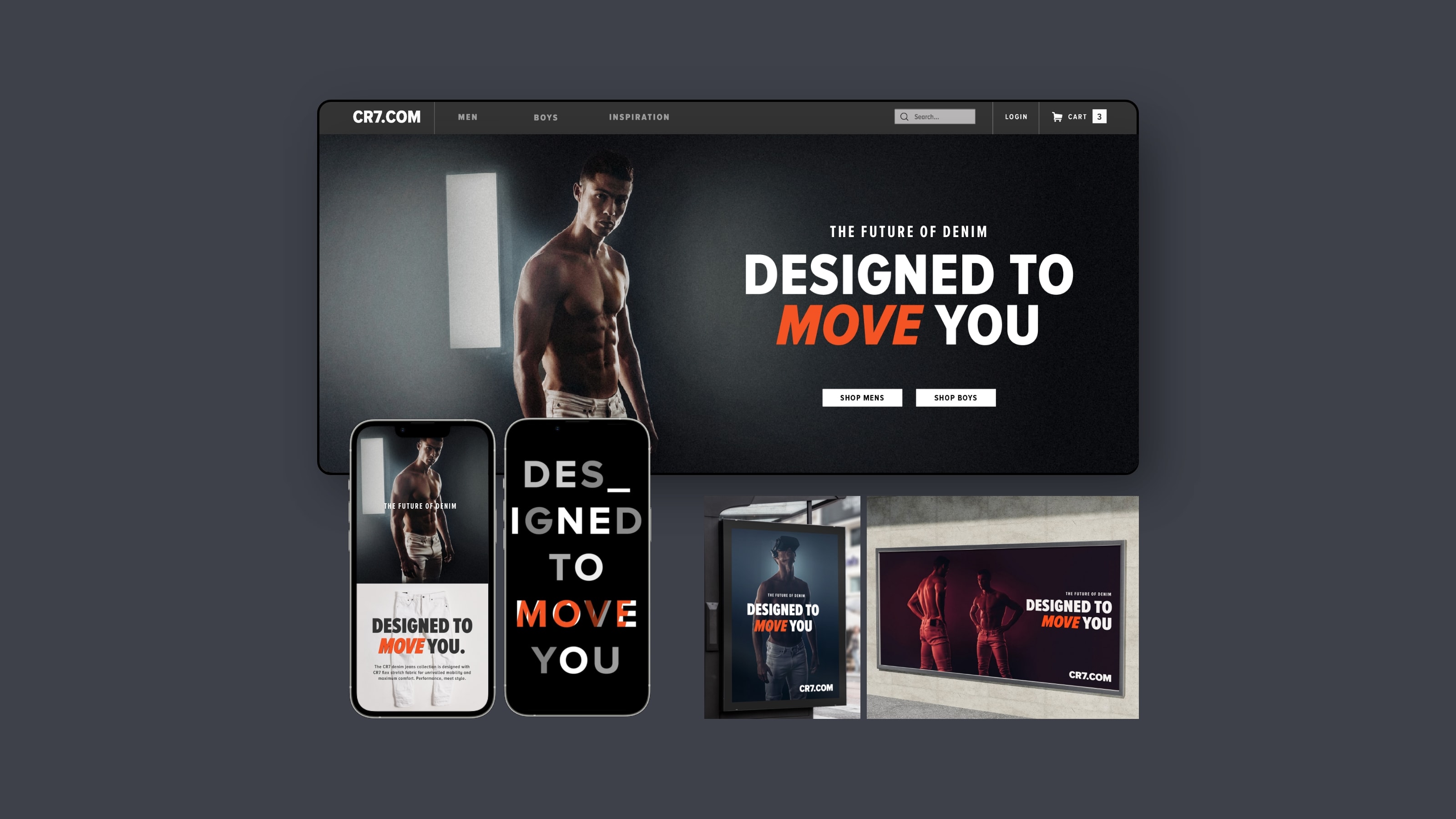 CR7.com Shopify homepage prototypes on desktop on mobile, and some mockups of OOH advertising.