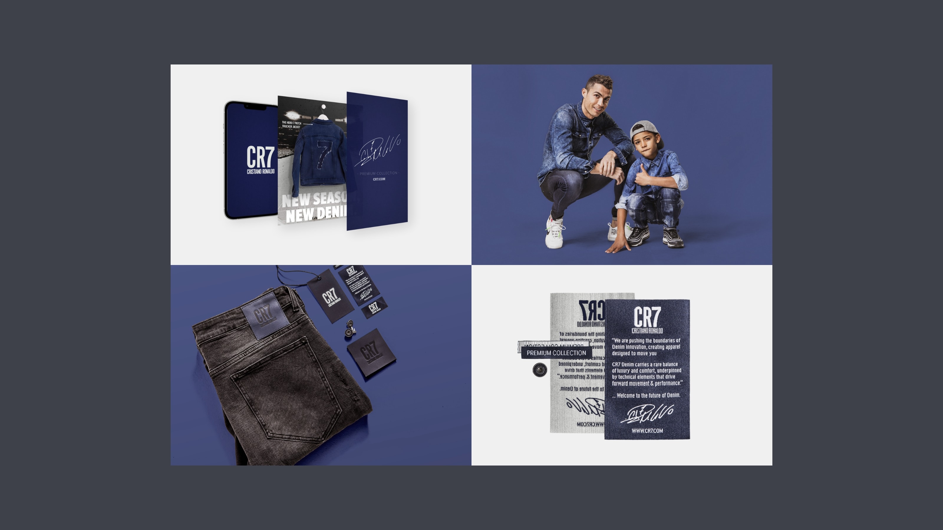 A selection of four images showing the premium CR7 line, including a social media campaign, product flatlays, premium signed labels, and a campaign shot of Cristiano Ronaldo and CR Junior vor CR7 and CR7 Junior.