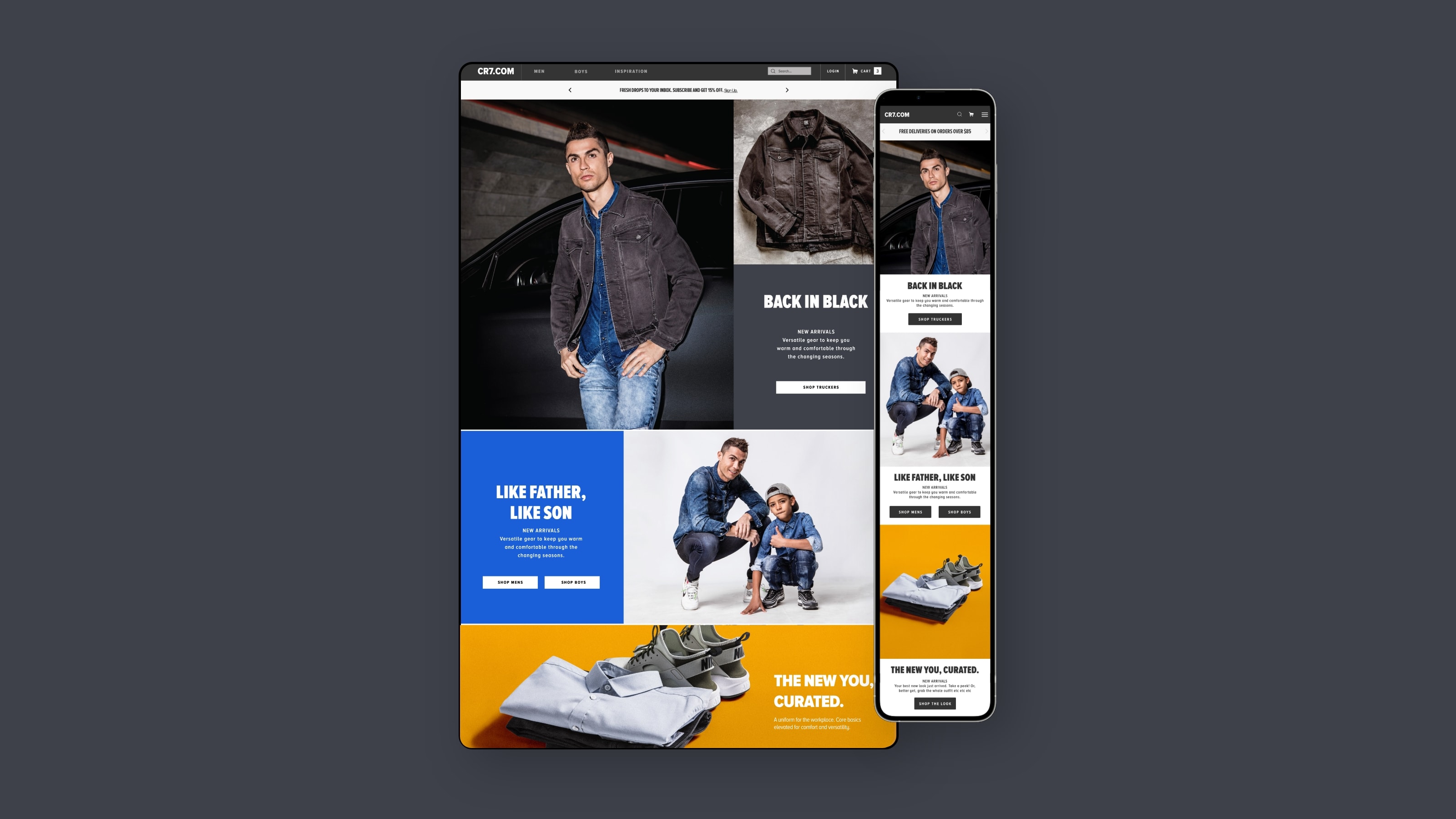 CR7.COM Ecommerce prototypes on desktop and mobile for shopify, showcasing new product alongside campaign imagery of Crisiano Ronaldo wearing demin.