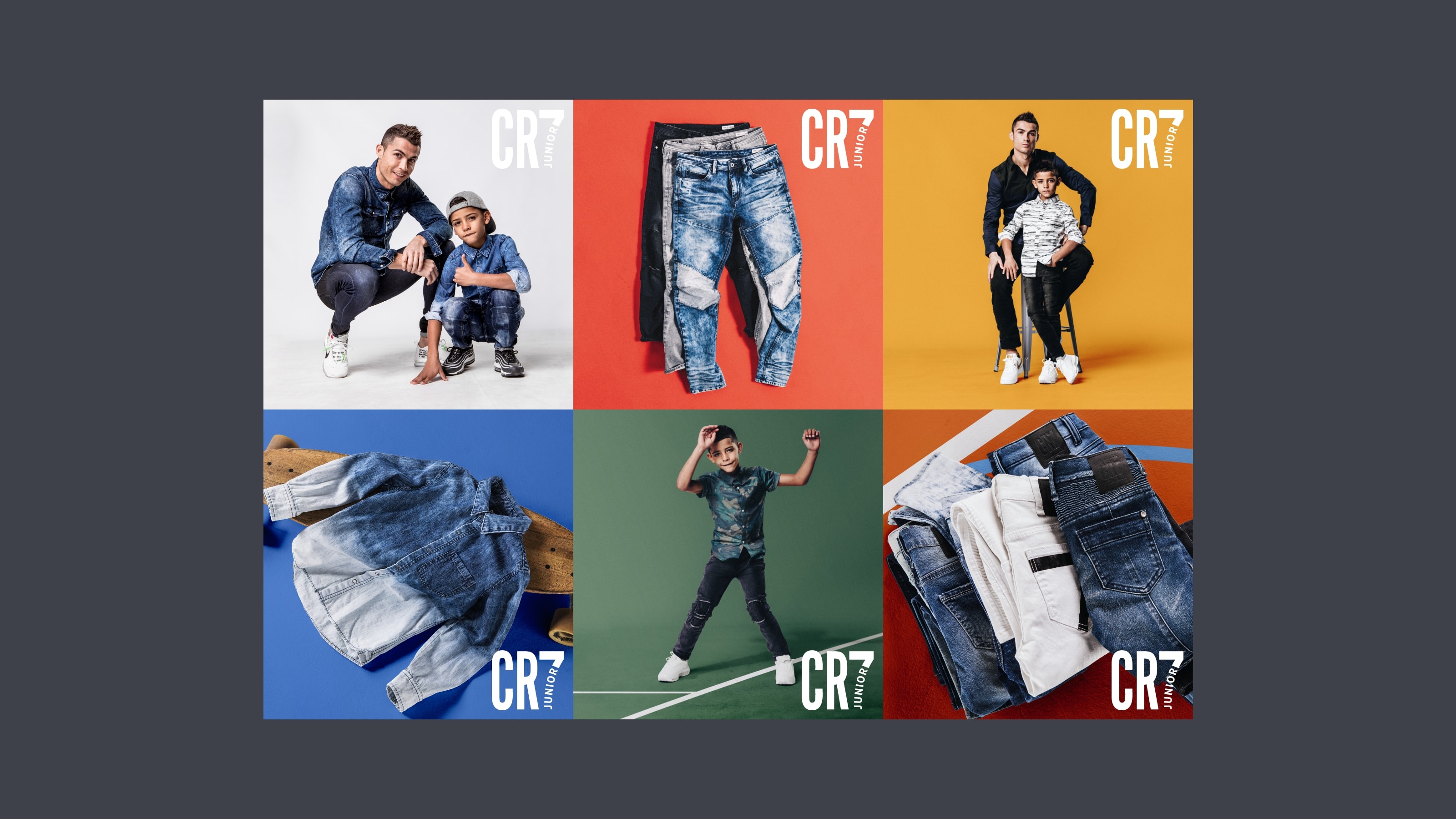 A selection of six images with colourful backgrounds featuring product flatlays and campaign imagry of Cristiano Ronaldo and CR Junior wearing the range. 