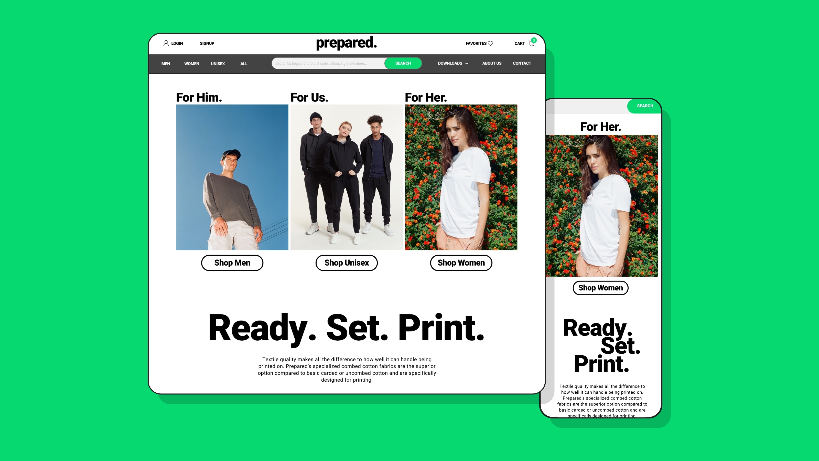 Prototype designs for the Prepared ecommerce shopify store, shoping mobile and desktop landing pages. 