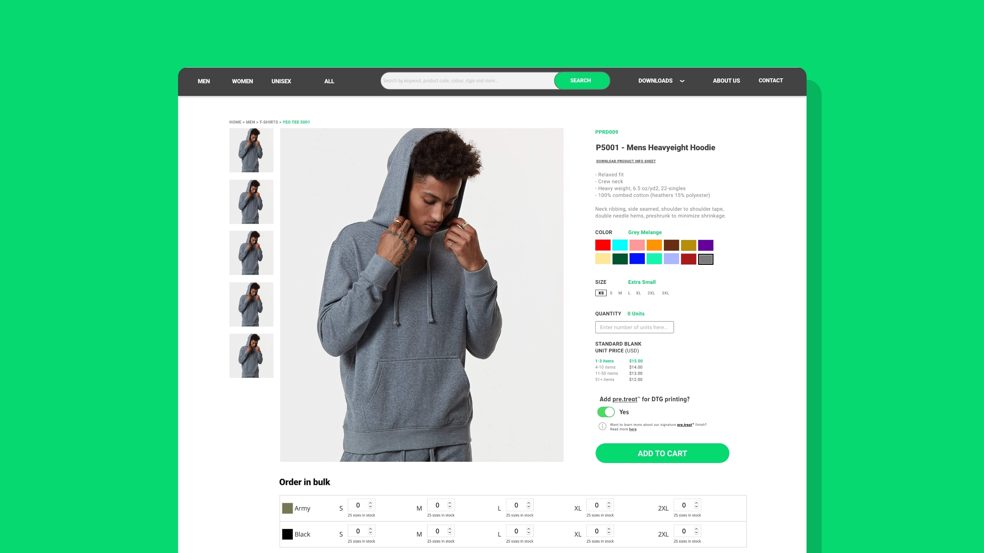 Prototype designs for the Prepared ecommerce shopify store, showing the desktop product detail page with bulk ordering capabilities pages. 