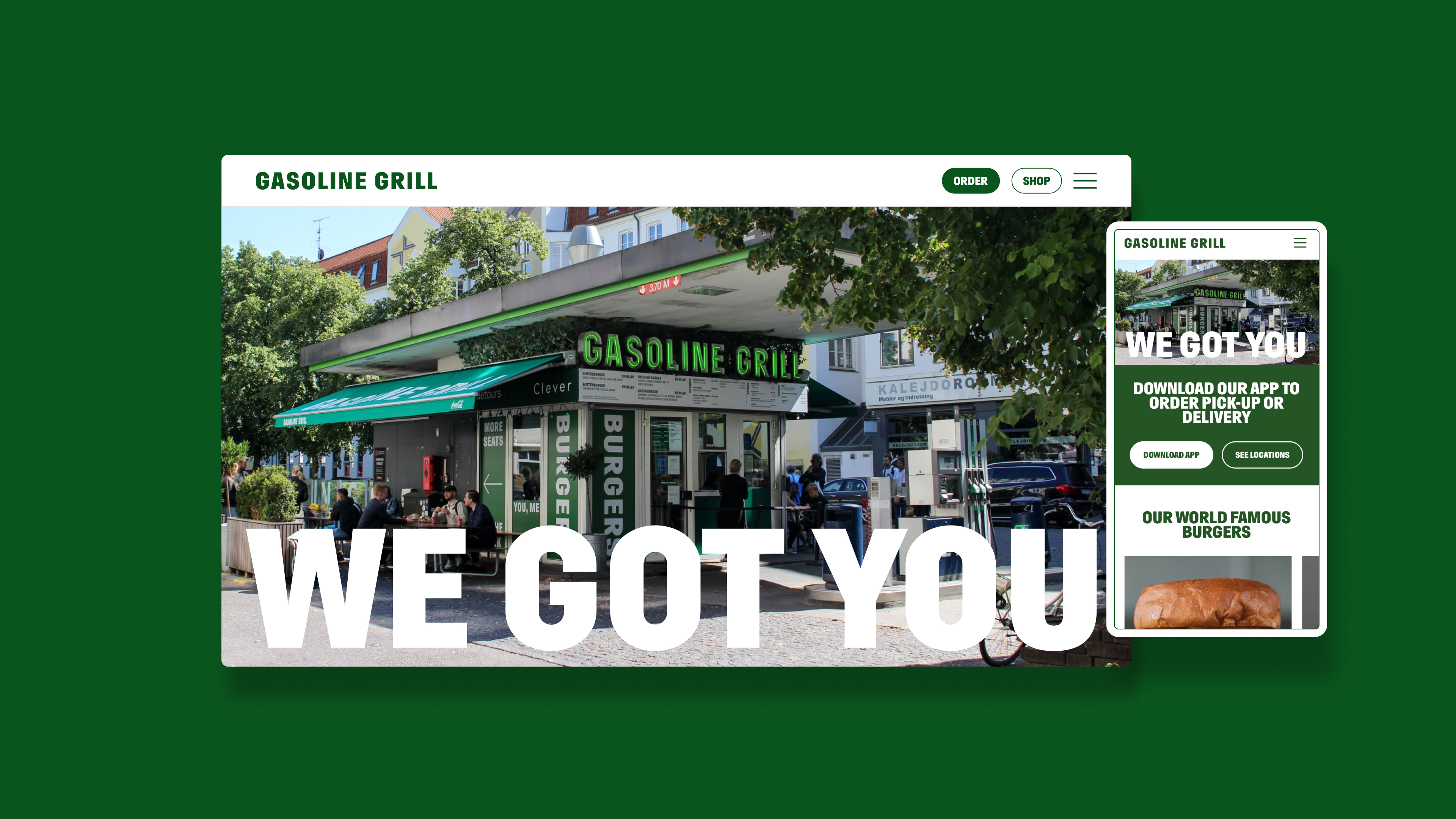 Gasoline Grill updated landing page screens on mobile and desktop.