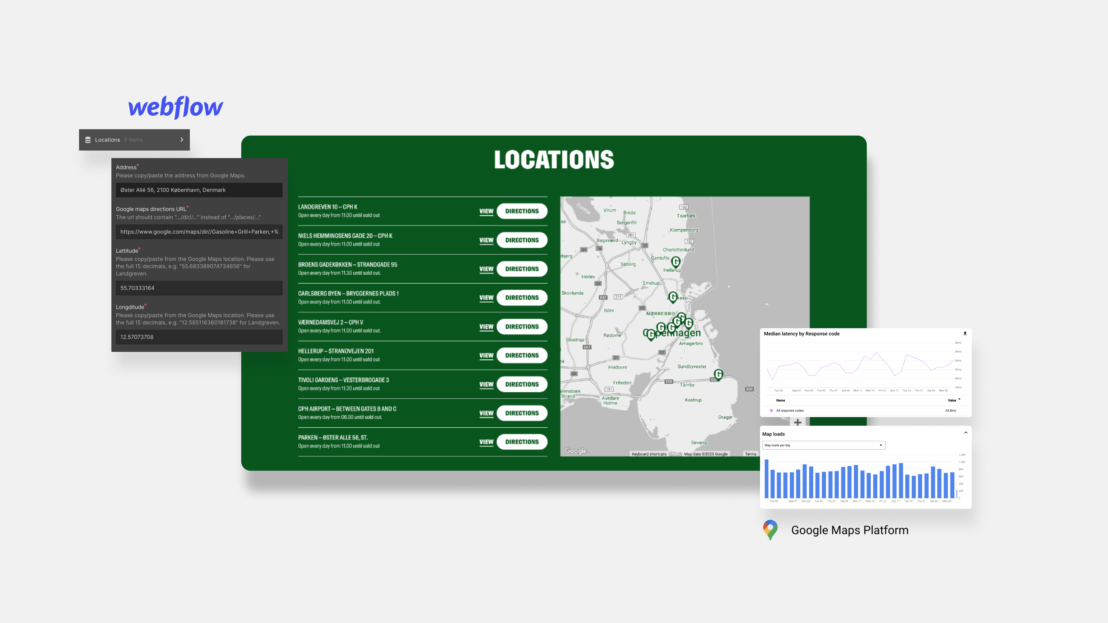 Gasoline Grill custom Google Maps API integration with the Locations CMS in Webflow.