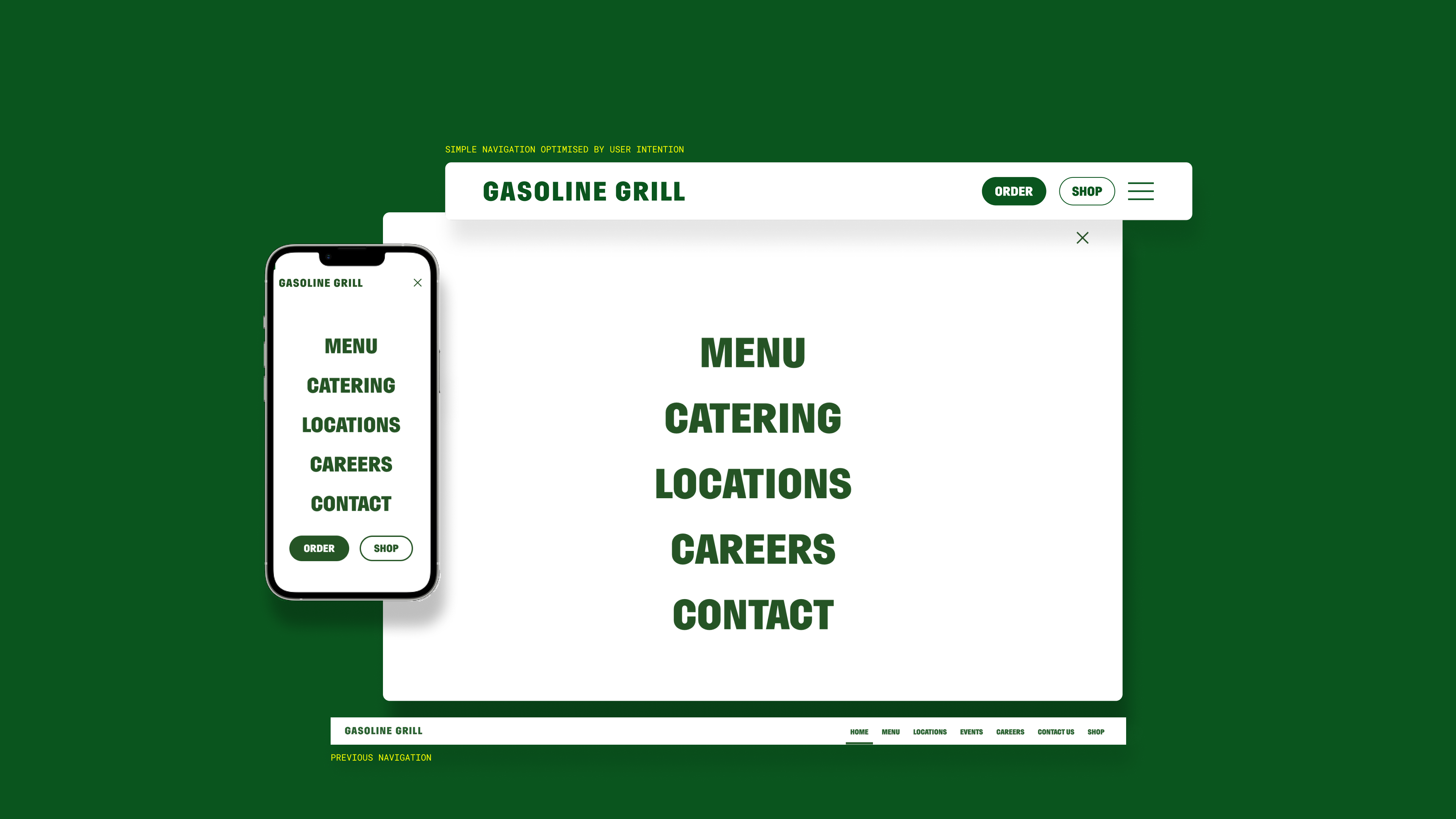 Gasoline Grill website navigation is simplified, bold, and ordered by user-intent.