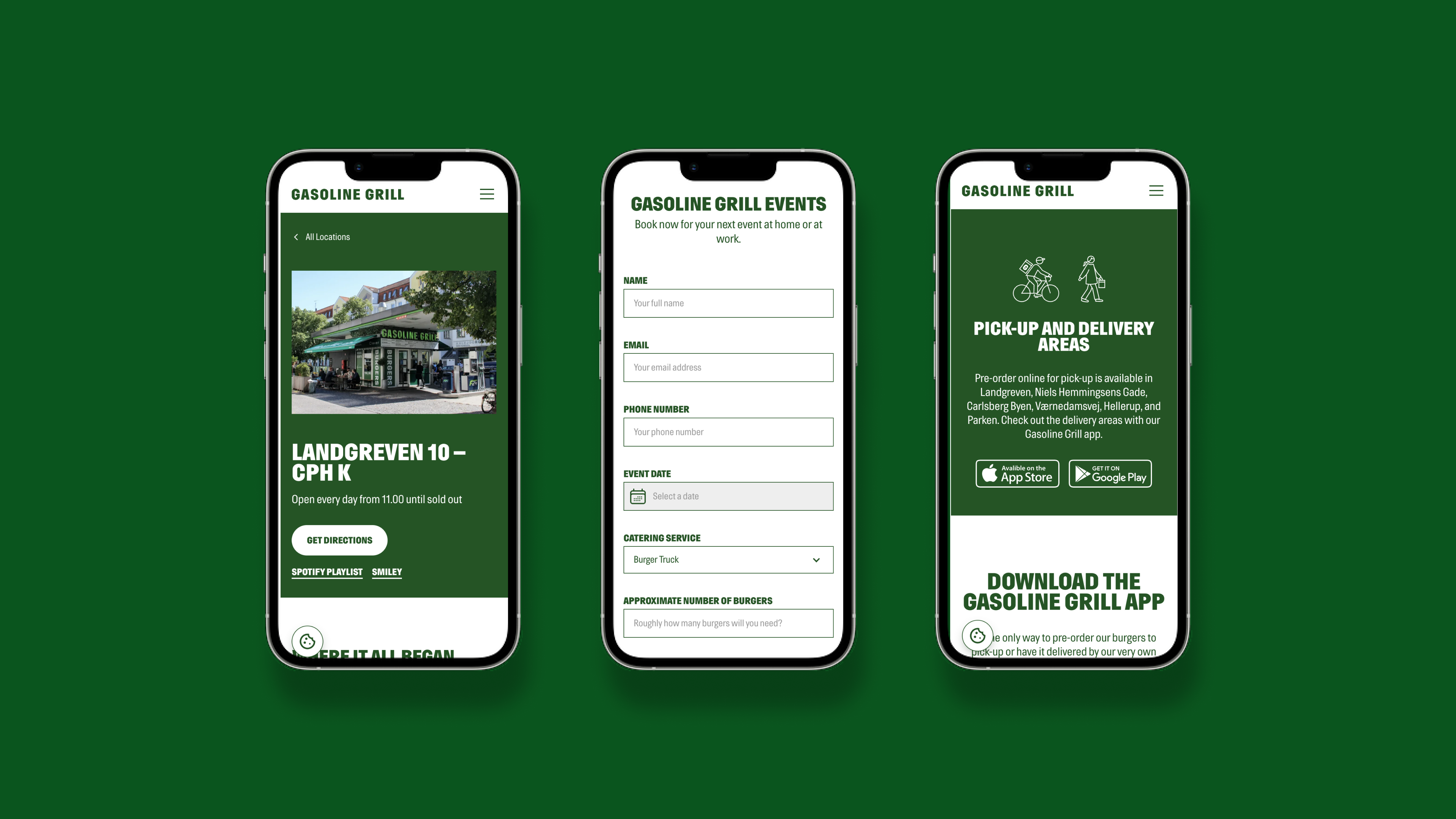 Gasoline Grill new websote responsive mobile views on three devices, showing locations, forms and app downloads.