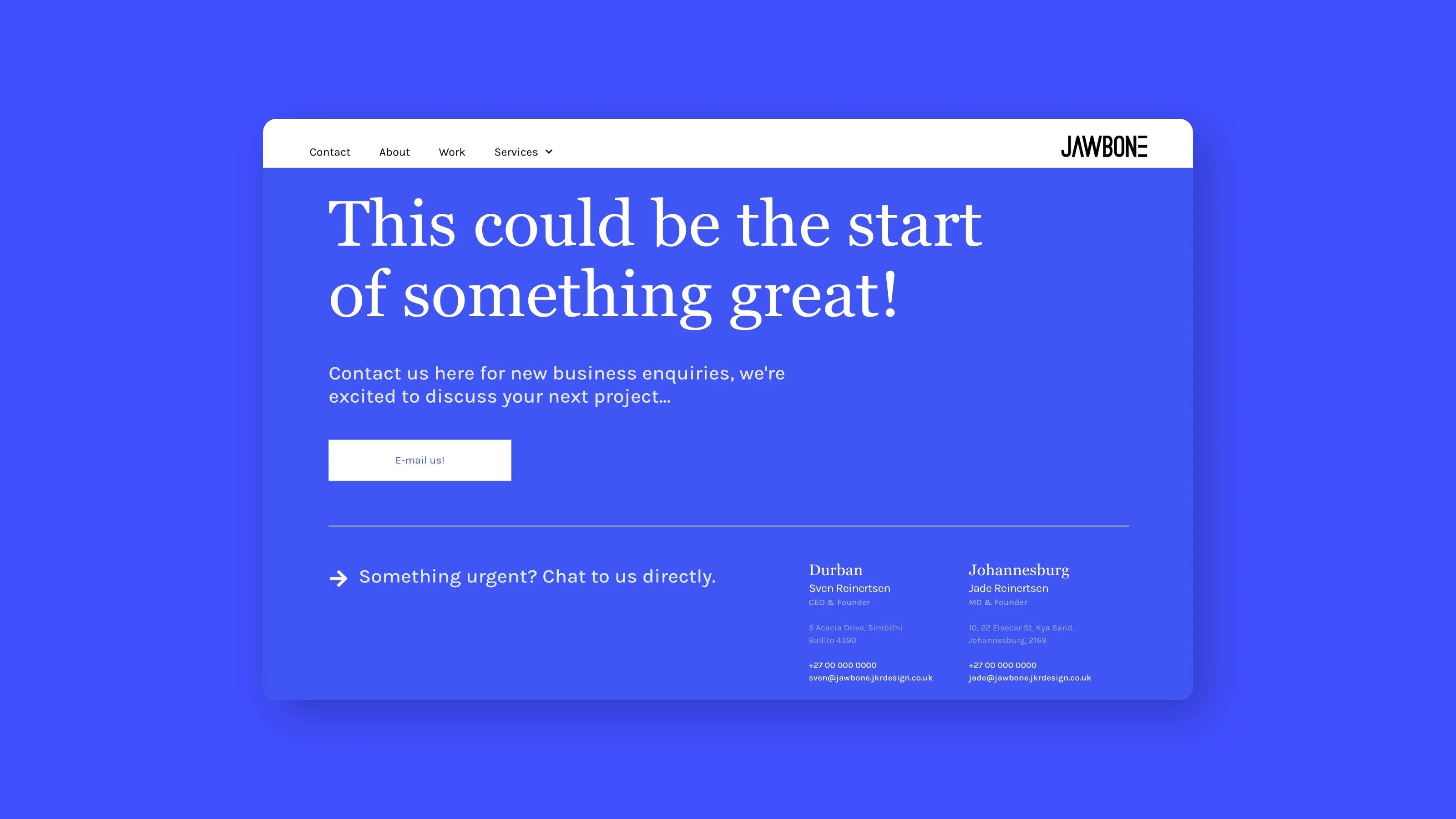 Jawbone agency's contact page mockup for desktop.