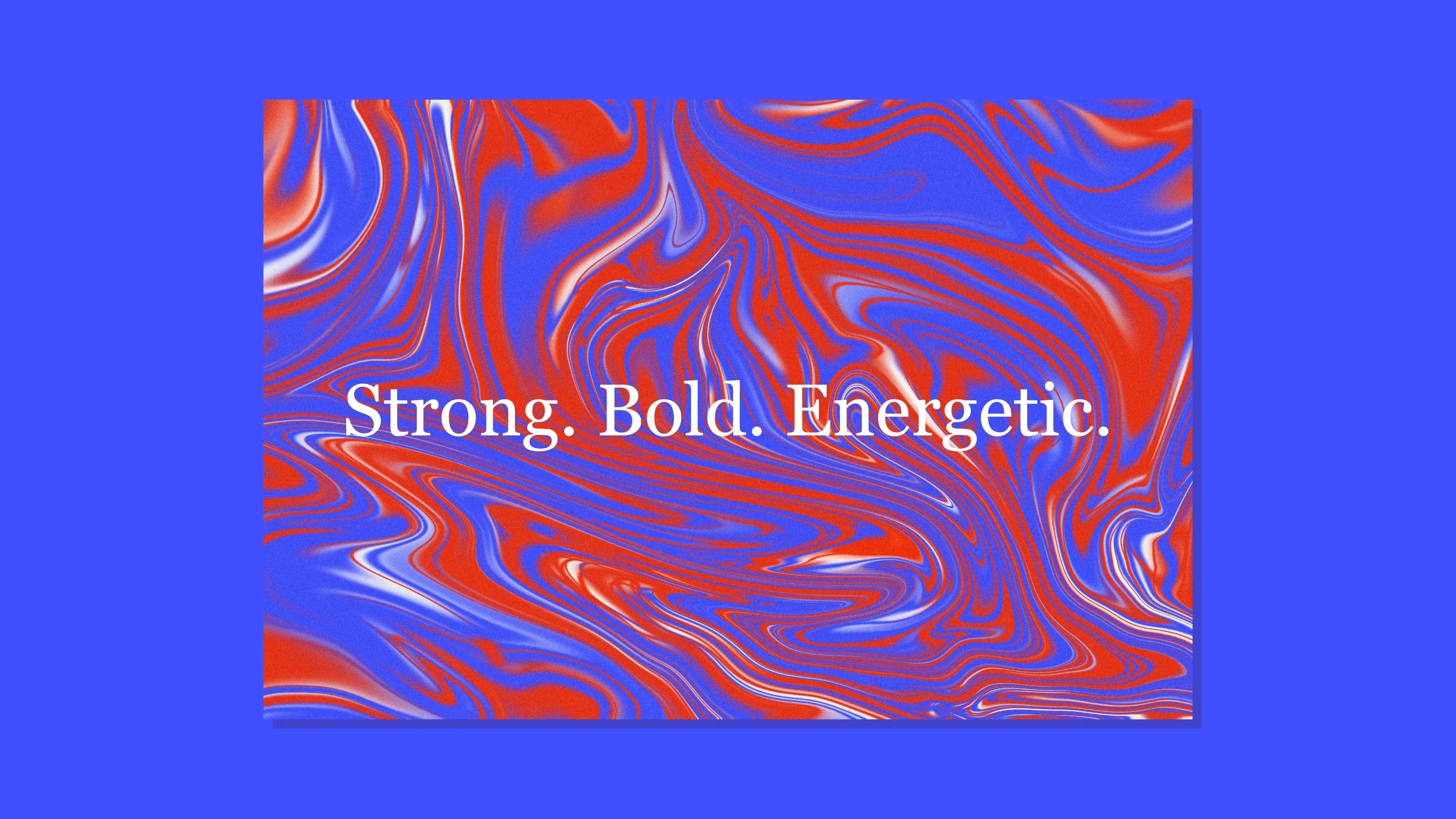 A colour block or a red and blue swirl, the new brand colours for Jawbone agency, with the text "Strong. Bold. Energetic."